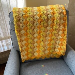 Vintage Hand Crocheted Yellow Afghan Blanket Throw; 63” x 60”